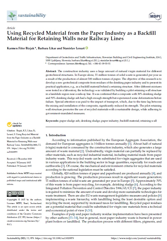 Article: Using Recycled Material from the Paper Industry as a Backfill Material for Retaining Walls near Railway Lines